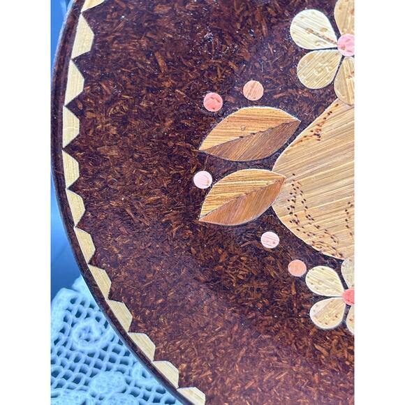 Russian Folk Art Marquetry Plate Early 20th Century Floral Pear Design - Picture 4 of 5